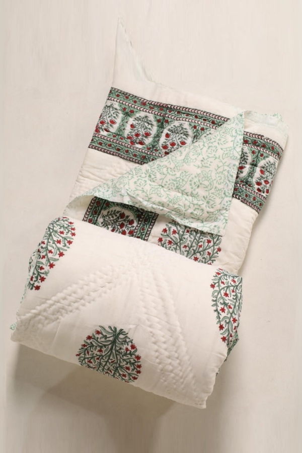 Mela Artisans Mughal Florals Blockprinted Reversible Quilt