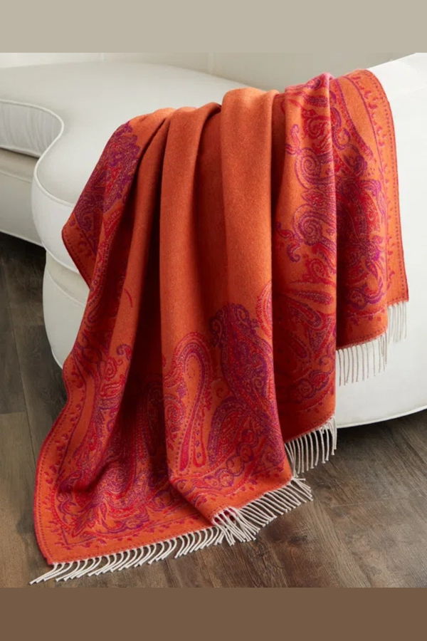 Etro Lagos Wool Fringed Throw Blanket - Orange