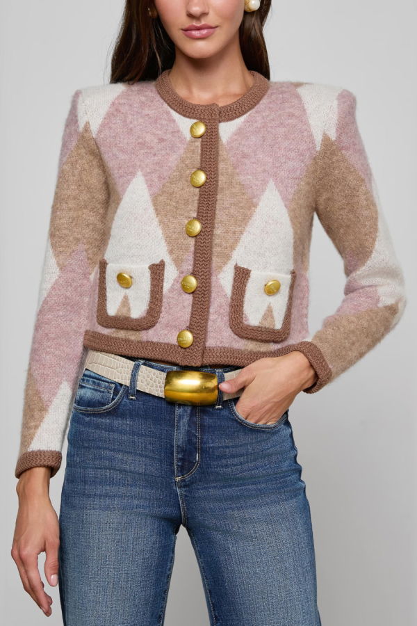 L'agence Siobhan Fuzzy Argyle Cardi - Natural/ Mauve Multi Argyle