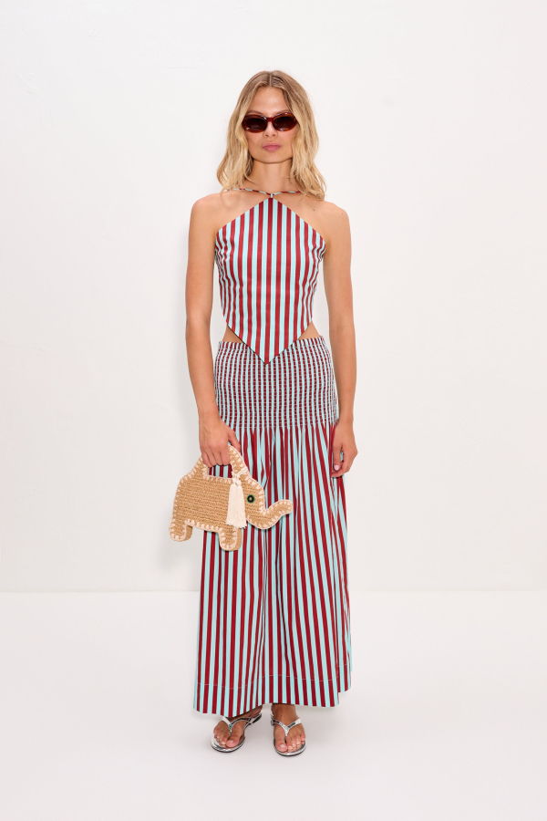 Simon Miller Kit Poplin Tie Top - Salted Blue/Crimson