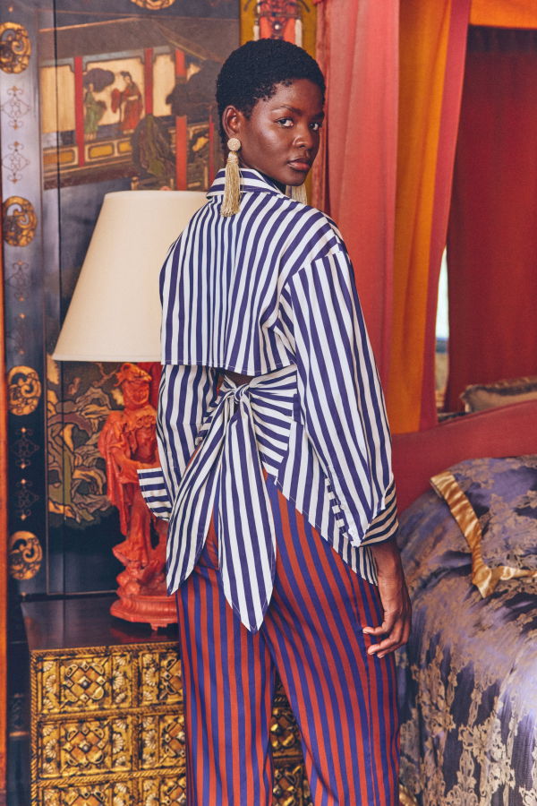 Simon Miller Loch Poplin Button Up Shirt - Navy/Cream