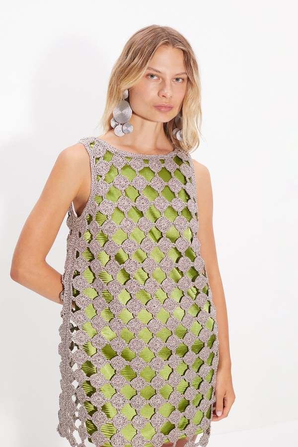 white christmas dresses Always Devotion Crochet Midi Dress in Silver Metallic