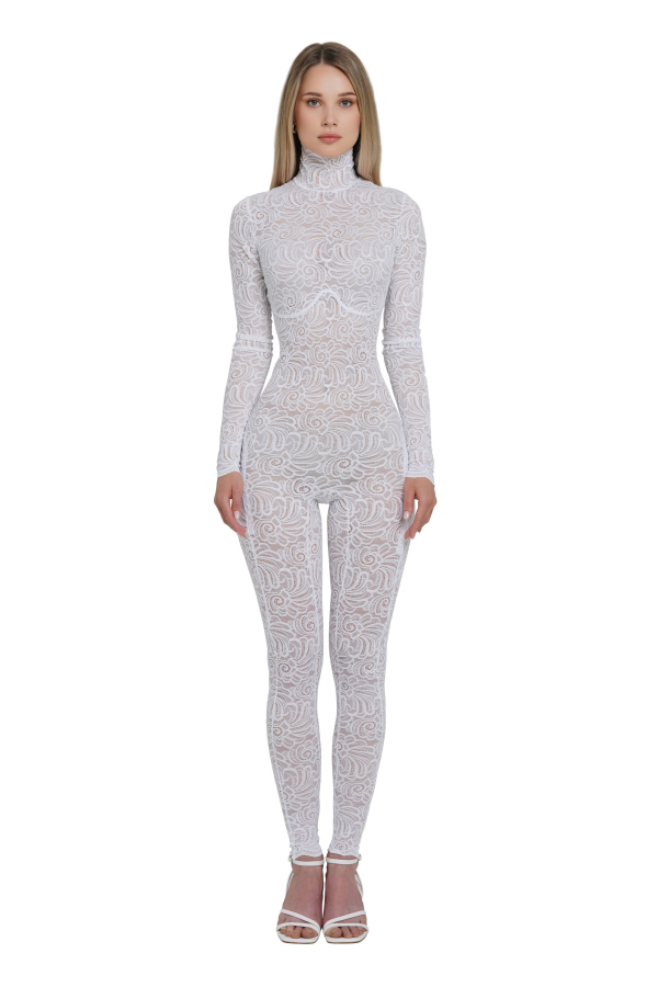 MONOSUIT Lace Sheer Long Sleeve Turtleneck Full Bodysuit - White Floral