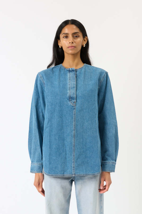 Totme Collarless Denim Shirt - Blue Totme Collarless Denim Shirt - Blue