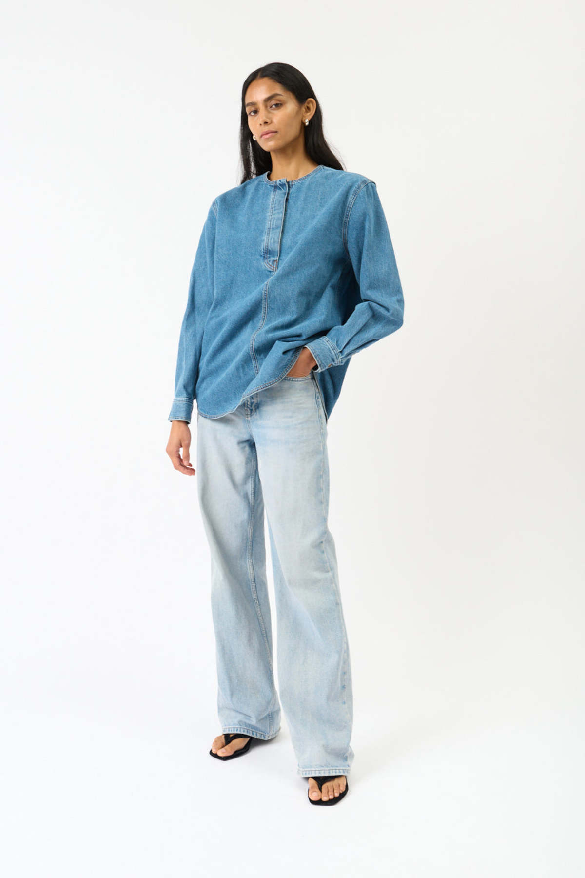 Totême Collarless Denim Shirt - Blue - Image 2 of 4