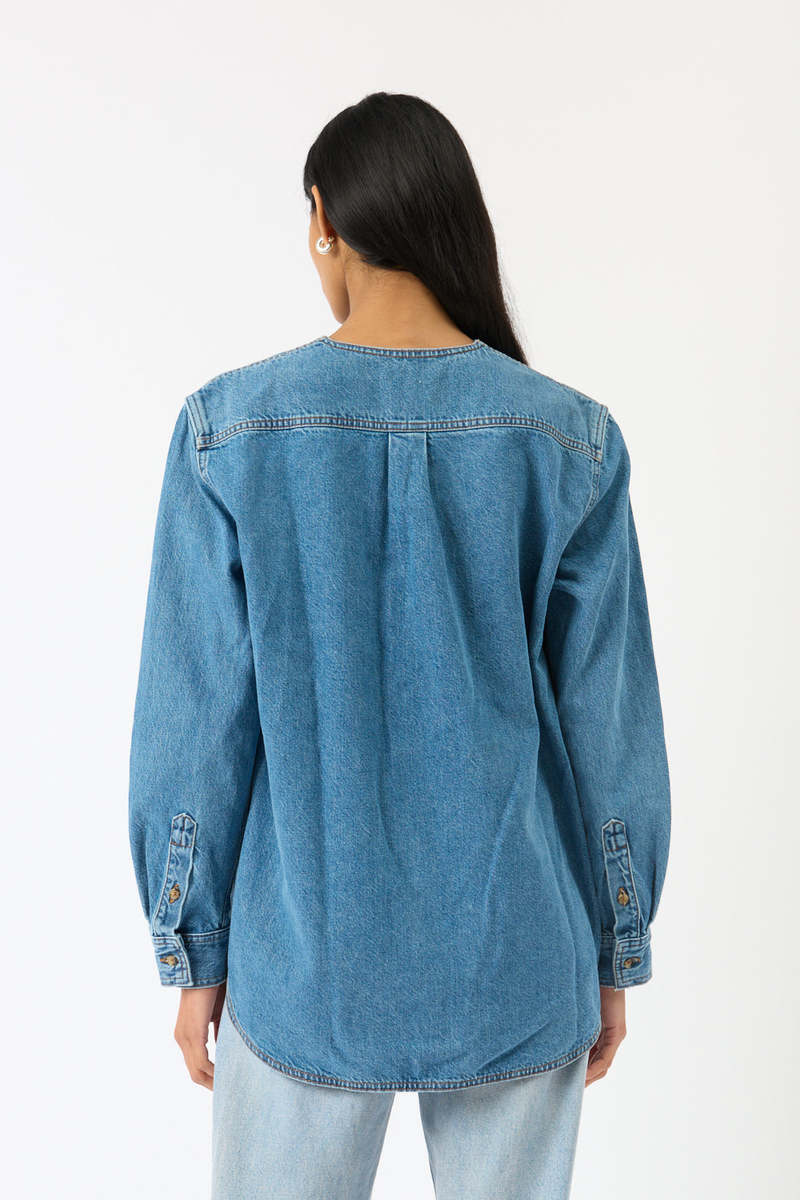 Totme Collarless Denim Shirt - Blue