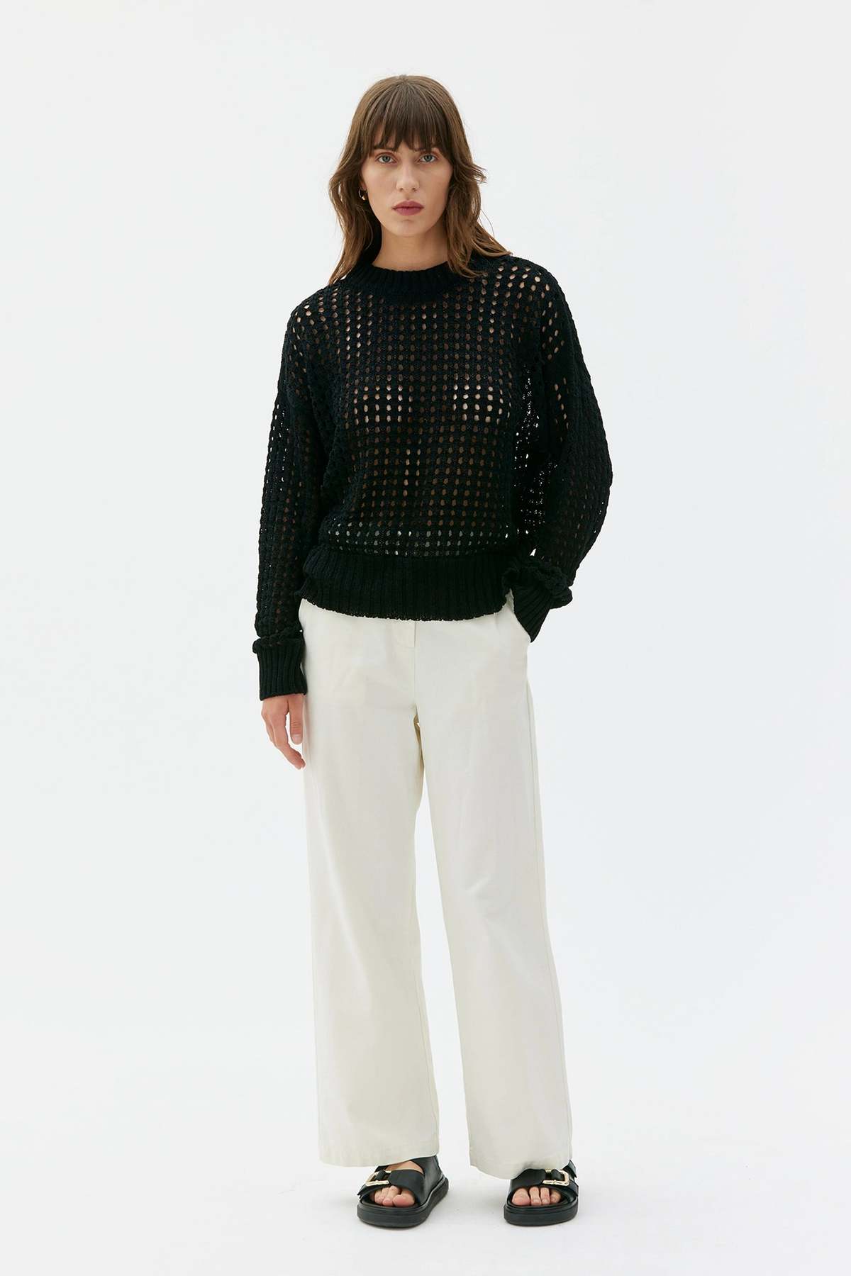 maska.se Avita Organic Cotton Tape Yarn Crochet Stitch Sweater - Black - Image 1 of 3