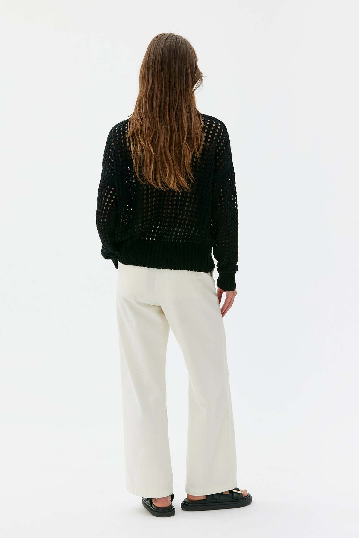 maska.se Avita Organic Cotton Tape Yarn Crochet Stitch Sweater - Black - Image 3 of 3