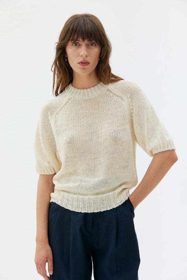 maska.se Mina Shortsleeve Raglan Linen Silk Blend Sweater - White