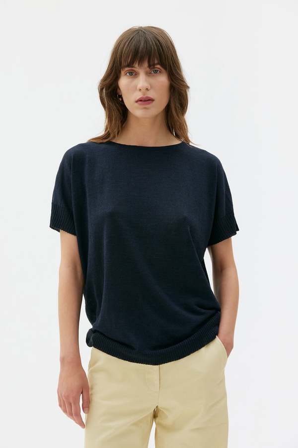 Maska.se Sirus Silk Linen Dolman Sleeve Top - Deep Night Blue