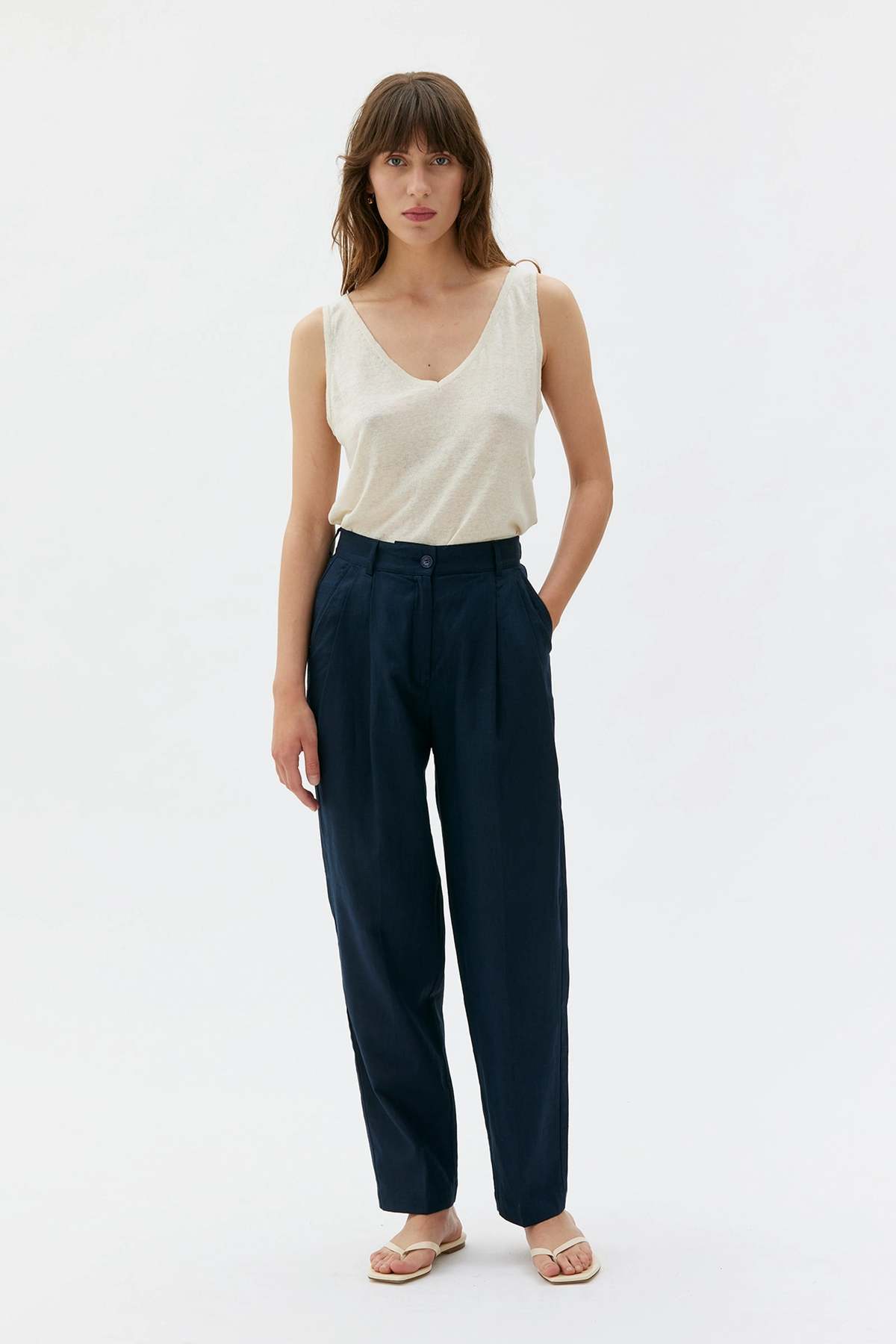 maska.se Vera Linen Trousers - Dark Blue - Image 1 of 3