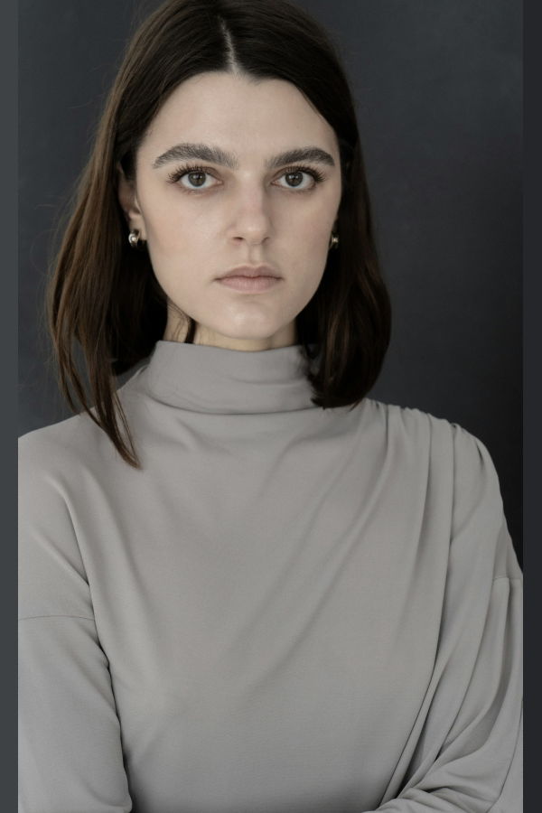 K M by L A N G E Tsement Asymmetric High Neck Top - Grey