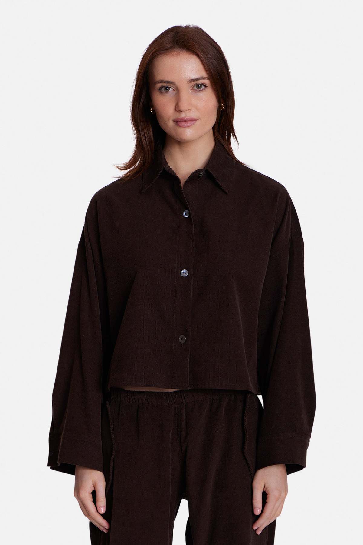 The Tile Club Foxy Micro Cord Crop Shirt - Brown - Image 1 of 3