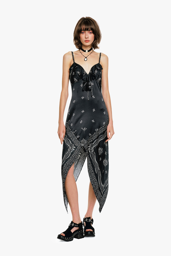 Anna Sui Ribbon Handkerchief Satin Print Dress