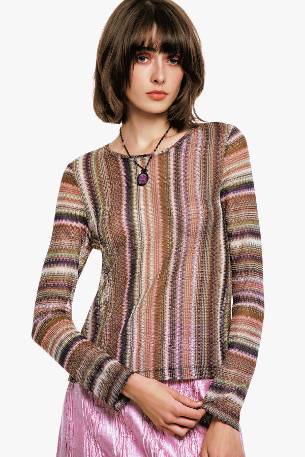 Anna Sui Wavy Chevron Knit Long Sleeve Stripe Top