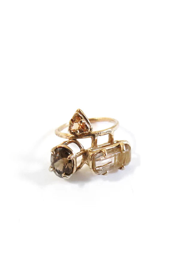 Elaine Ho 14K Gold (Smokey Quartz, Spessartine Garnet & Rutilated Quartz) Ring