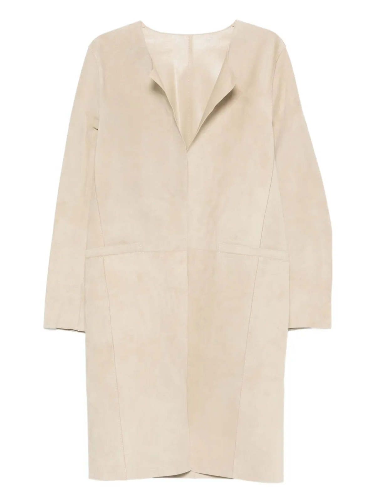 Totême Collarless Suede Coat - Peanut - Image 1 of 5