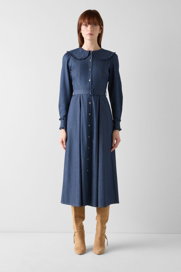 LK Bennett Pippa Chambray Collar & Frill Dress - Indigo