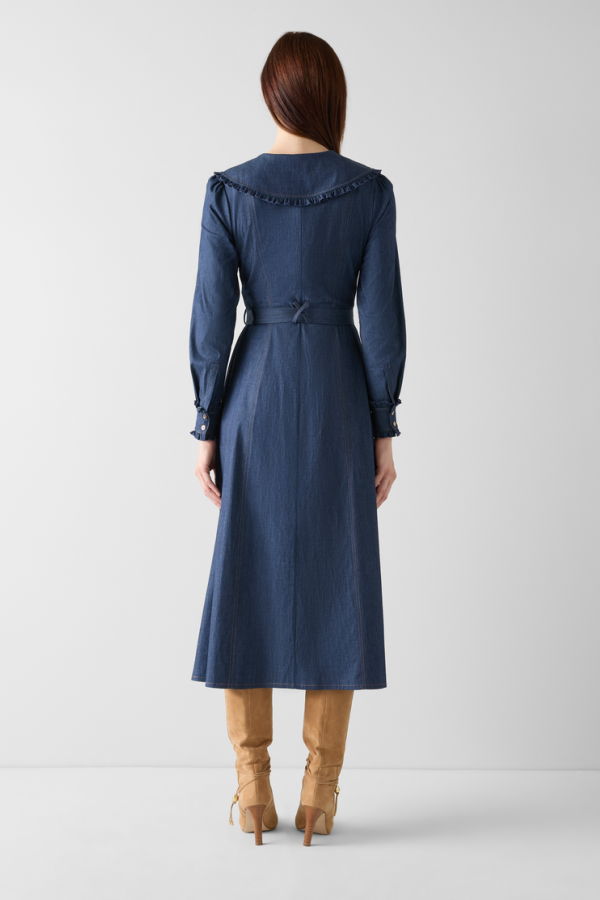 LK Bennett Pippa Chambray Collar & Frill Dress - Indigo