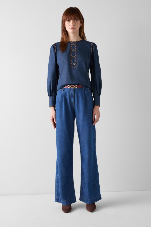 LK Bennett Jenny Woven Top - Indigo/Toffee