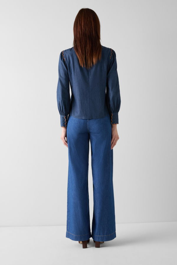 LK Bennett Jenny Woven Top - Indigo/Toffee