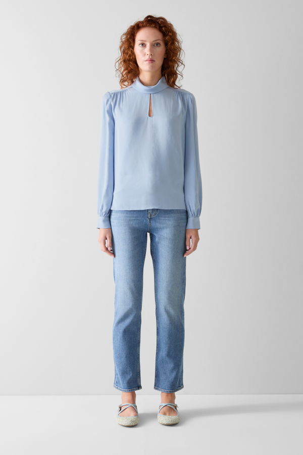 LK Bennett Sally Keyhole Roll Collar Blouse - Brunnera Blue