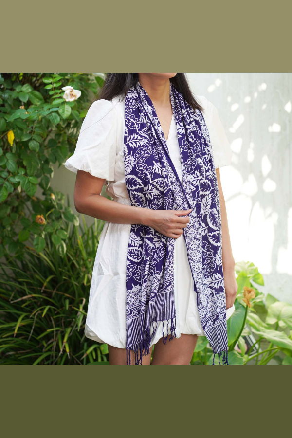 Kasih Coop Hand Dyed Batik Scarf - Blue Leaves