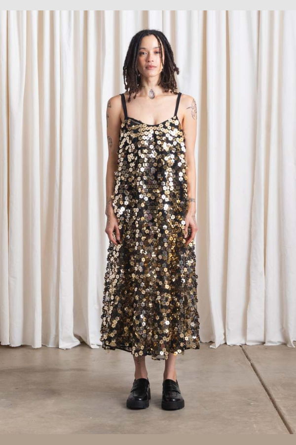 Ali Golden Full Hem Dress - Black Flower Sequins