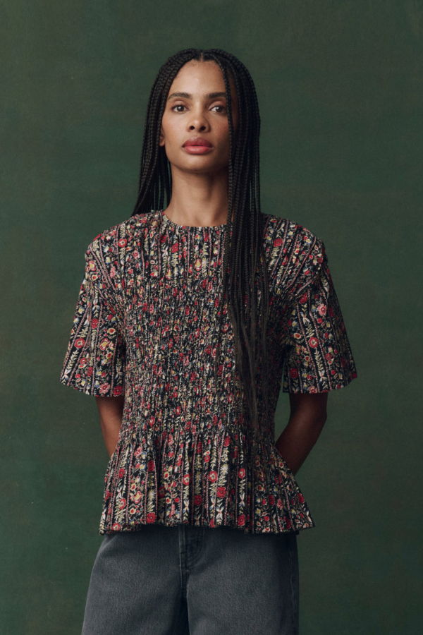 The Great. Smocked Flounce Top - Garland Print