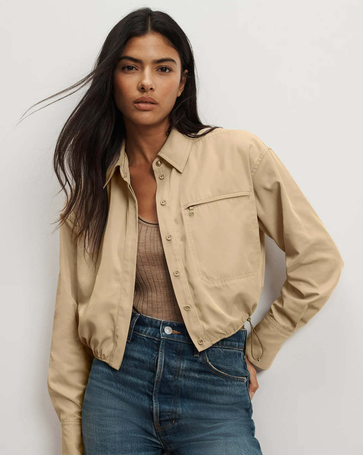 Veronica Beard Wilfred Bungee Button-Down Top - Sand - Image 1 of 3