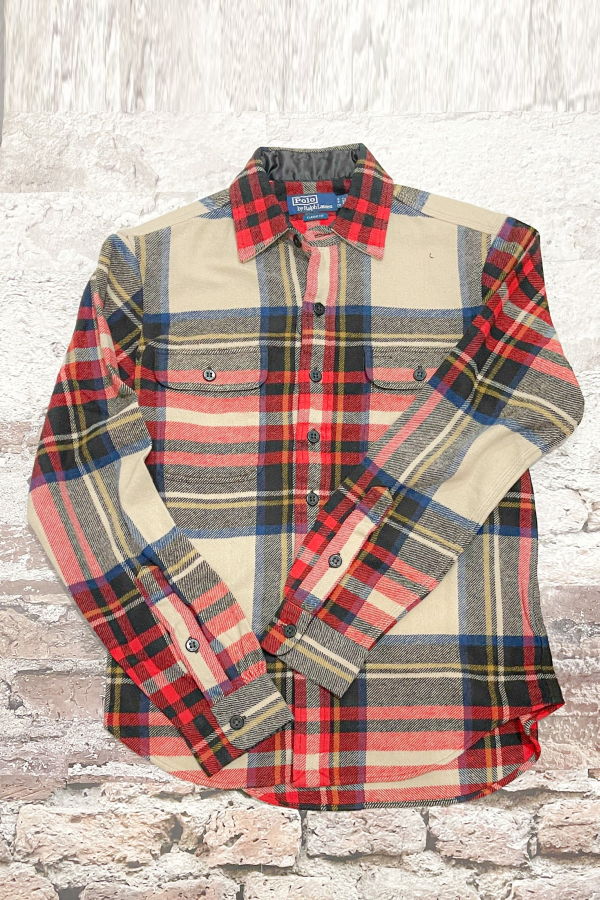 Polo Classic Fit Plaid Flannel Workshirt Shirt - Cream/Red