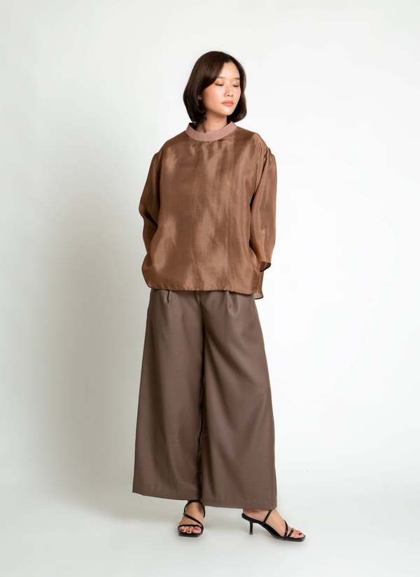 KAAREM Betel Nut Long Sleeve Silk Organza Top