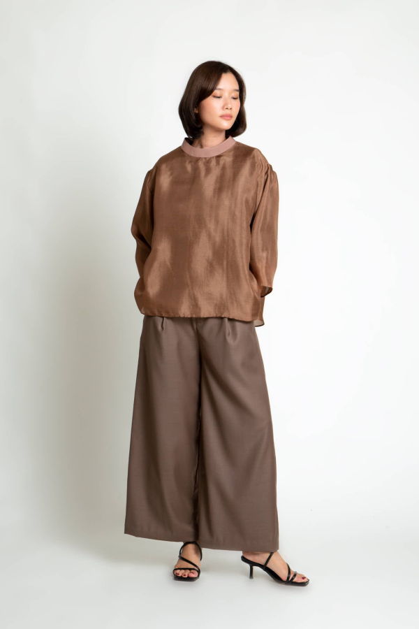 KAAREM Betel Nut Long Sleeve Silk Organza Top