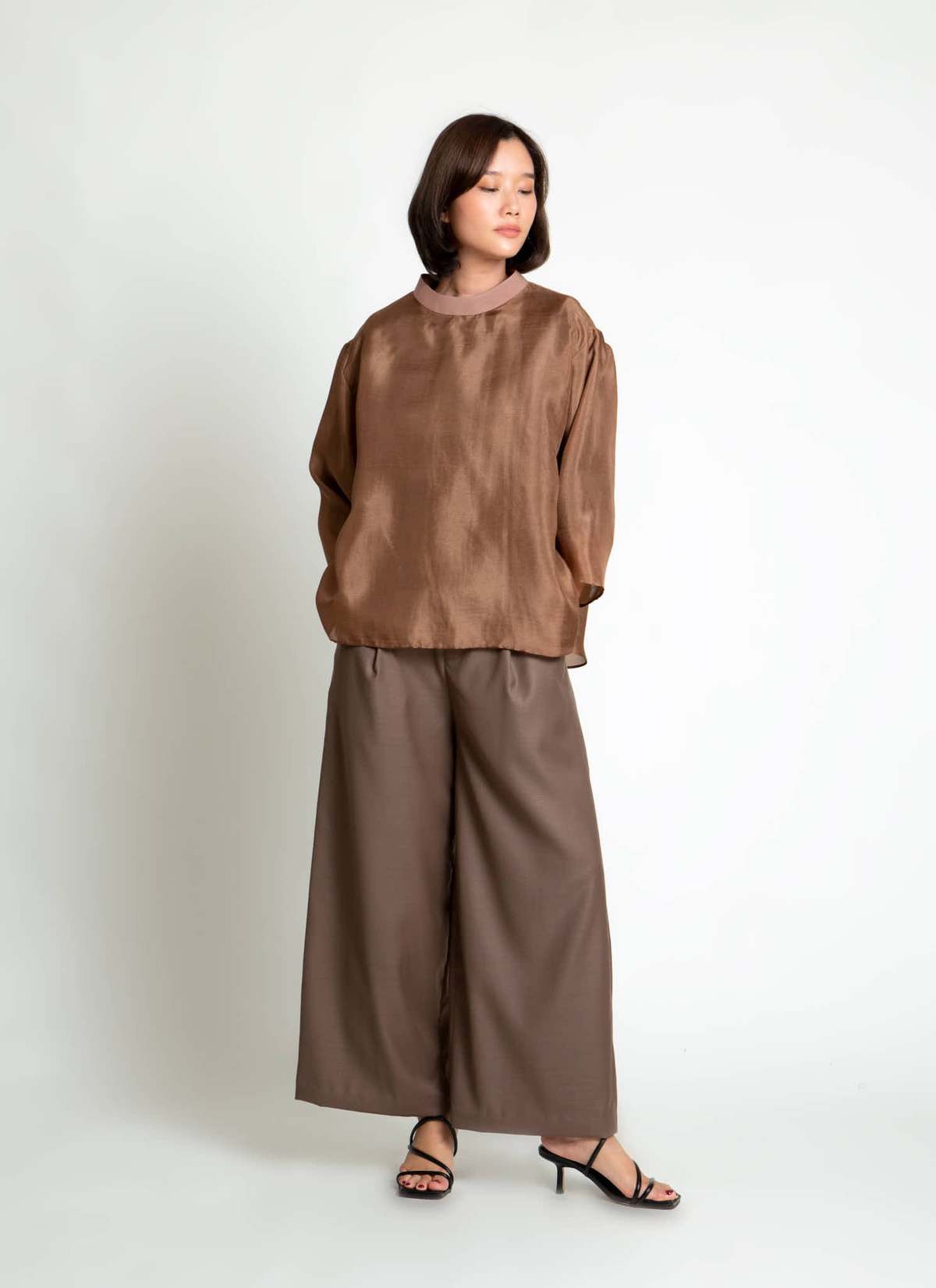 KAAREM Betel Nut Long Sleeve Silk Organza Top - Image 1 of 3