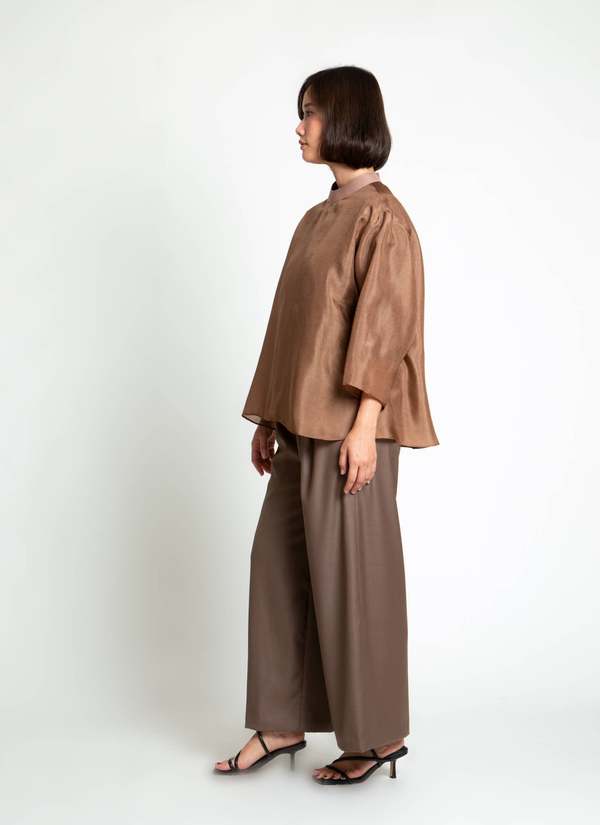 KAAREM Betel Nut Long Sleeve Silk Organza Top
