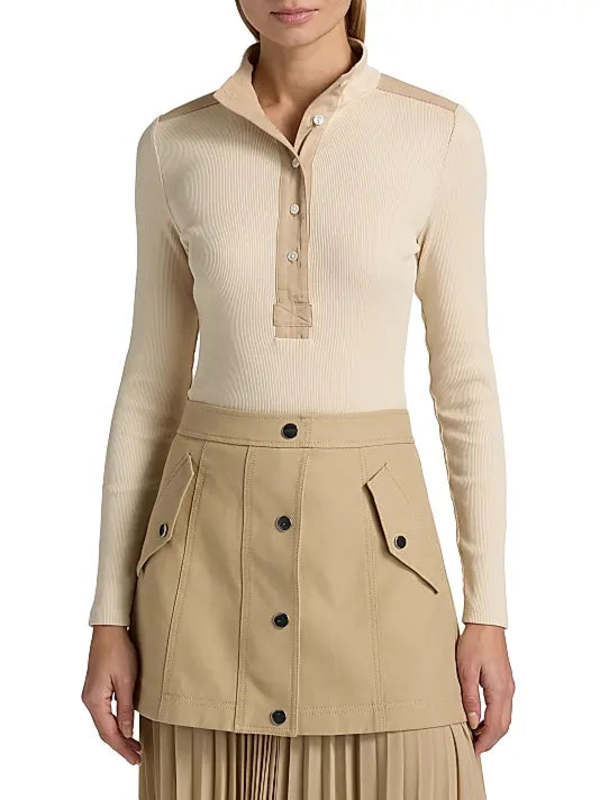 Veronica Beard Reynart Rib-Knit Long-Sleeve Top - Limestone