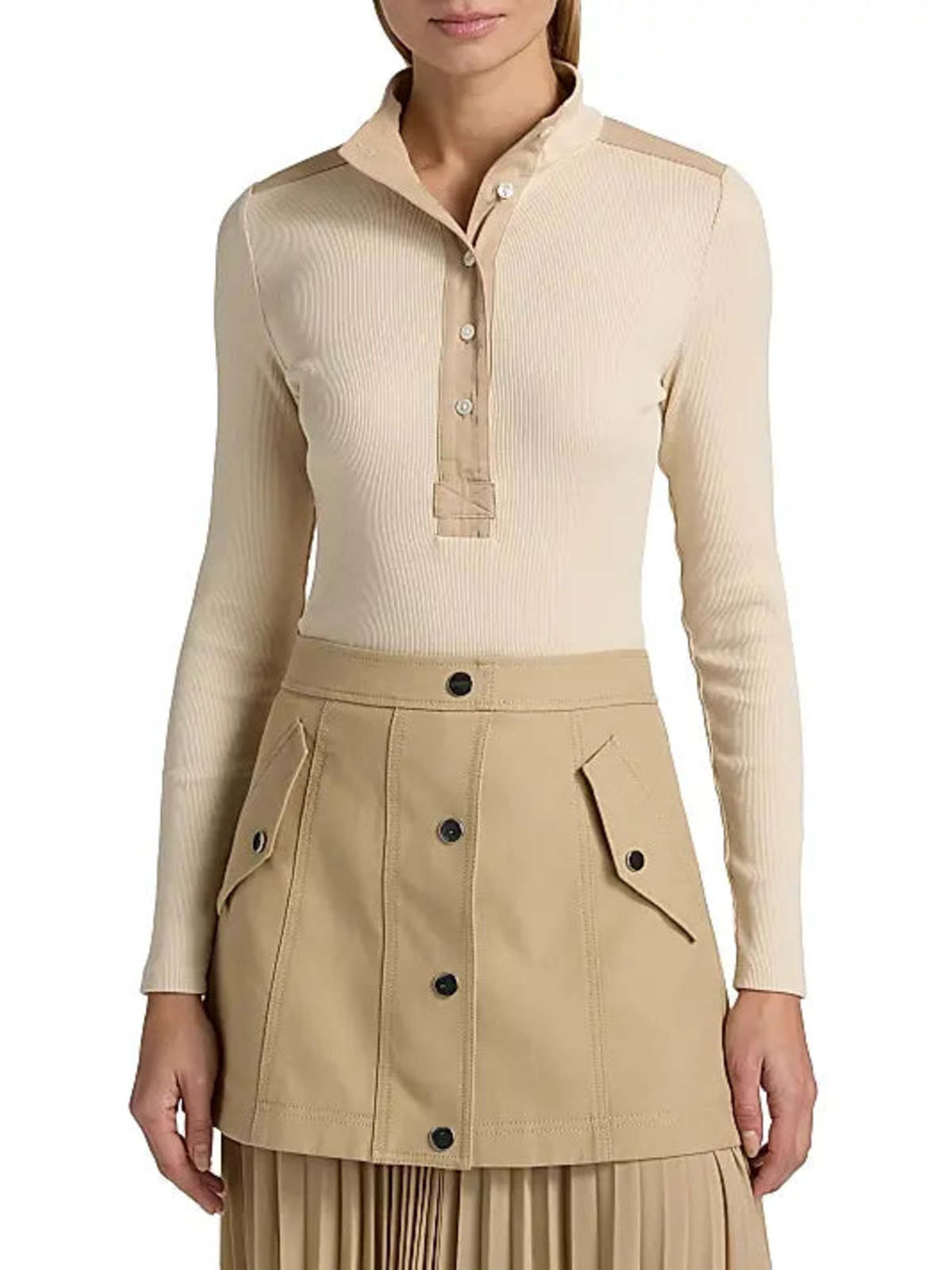 Veronica Beard Reynart Rib-Knit Long-Sleeve Top - Limestone - Image 1 of 3