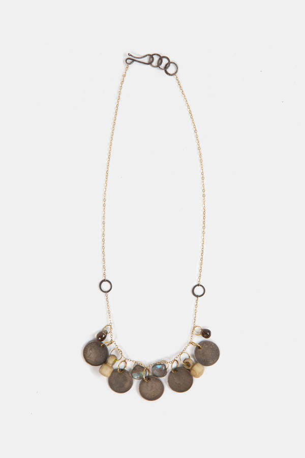 Melissa Joy Manning One-of-a-kind Gold Chain with Labradorite Drops, Antique Coins, and Bone Relics Necklace - Gold