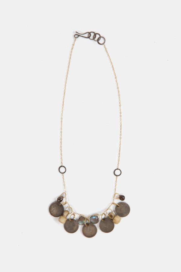 Melissa Joy Manning One-of-a-kind Gold Chain with Labradorite Drops, Antique Coins, and Bone Relics Necklace - Gold