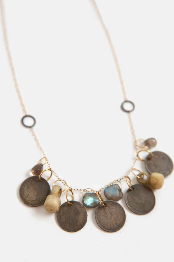 Melissa Joy Manning One-of-a-kind Gold Chain with Labradorite Drops, Antique Coins, and Bone Relics Necklace - Gold