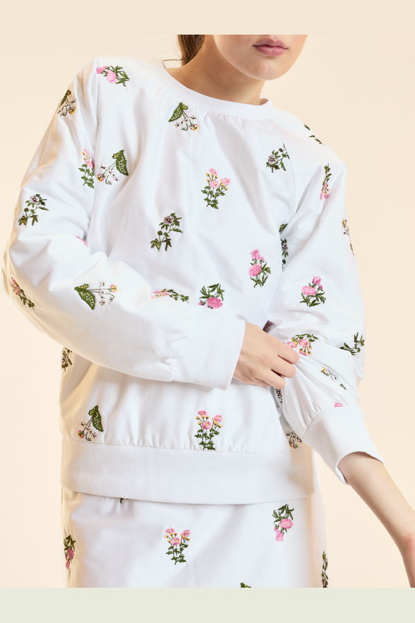 Cynthia Rowley Bouquet Embroidered Pullover Sweatshirt - White