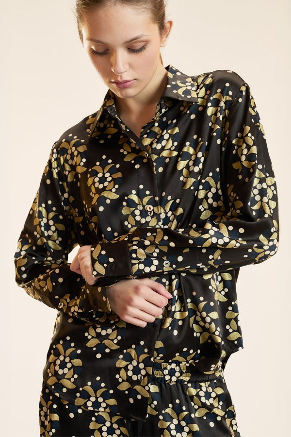 Cynthia Rowley Gold Filigree Silk Shirt - Black/Gold