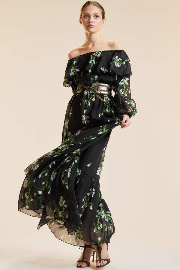 Cynthia Rowley Ivy League Off-Shoulder Silk Dress - Green Floral
