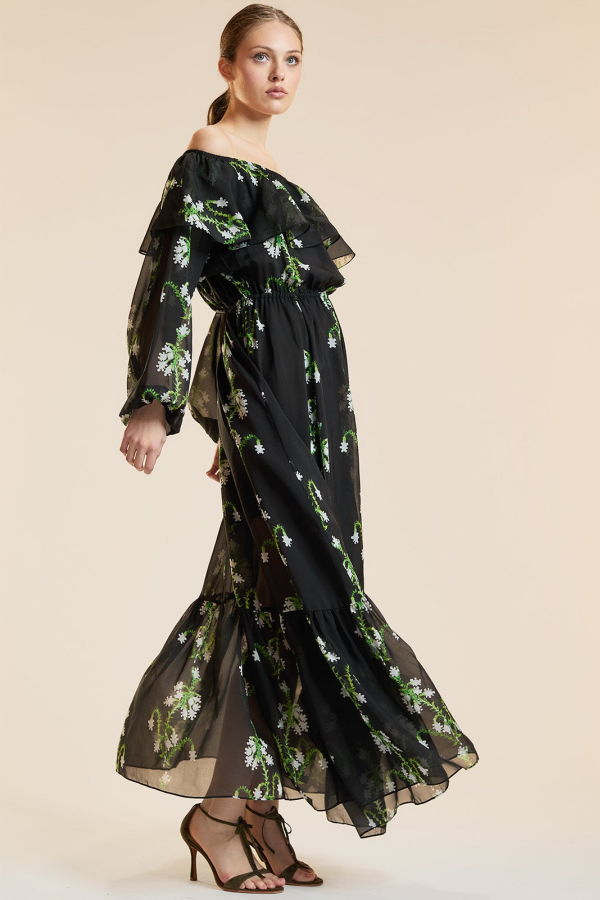 Cynthia Rowley Ivy League Off-Shoulder Silk Dress - Green Floral