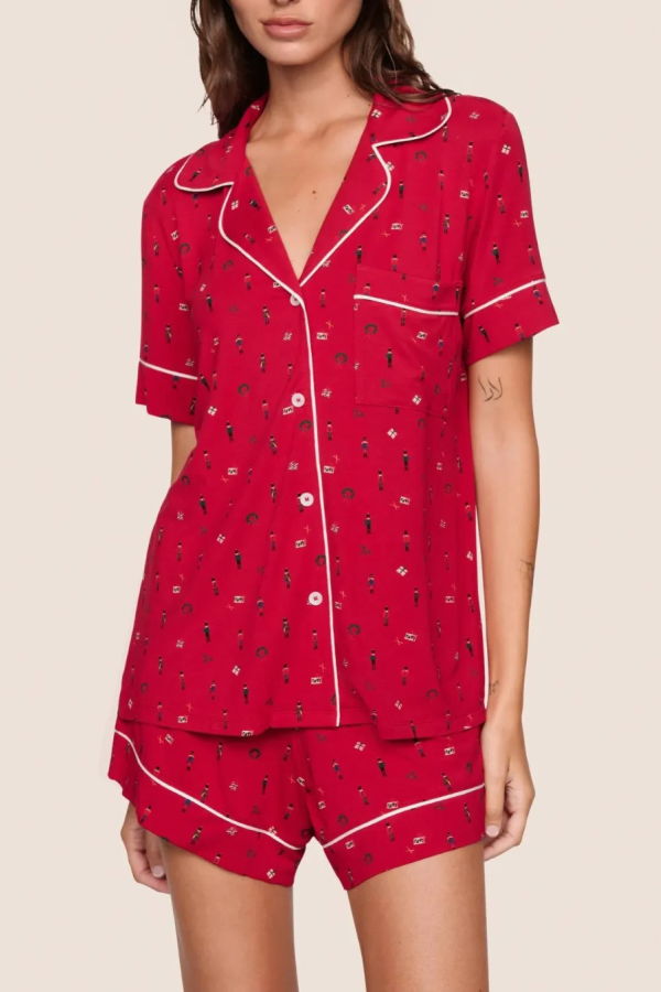 Eberjey Gisele Printed Relax Short PJ Set - Nutcracker Holly Red/ Ivory
