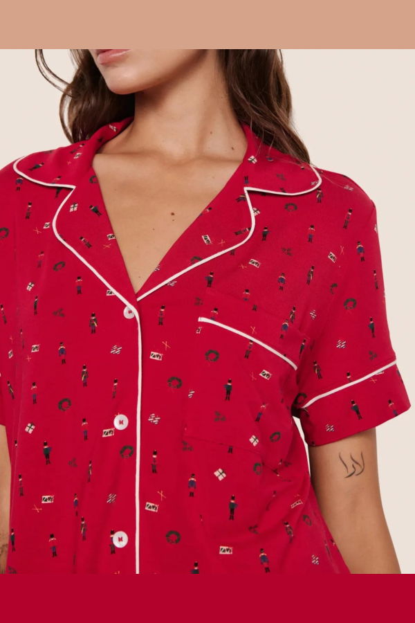 Eberjey Gisele Printed Relax Short PJ Set - Nutcracker Holly Red/ Ivory