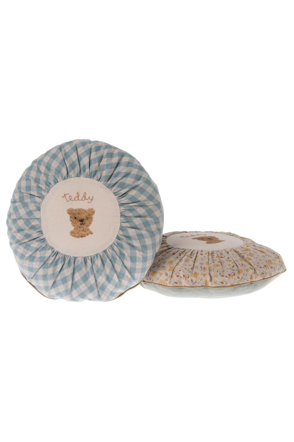 Maileg Round Cushion Small Teddy Checks - Blue