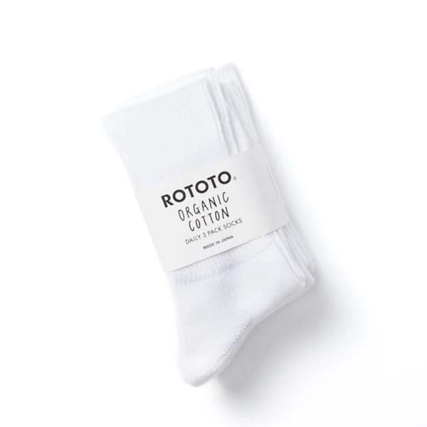 Rototo R1427 Organic Daily 3 Pack Ribbed Crew Socks - White