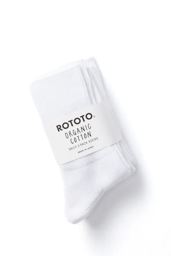 Rototo R1427 Organic Daily 3 Pack Ribbed Crew Socks - White
