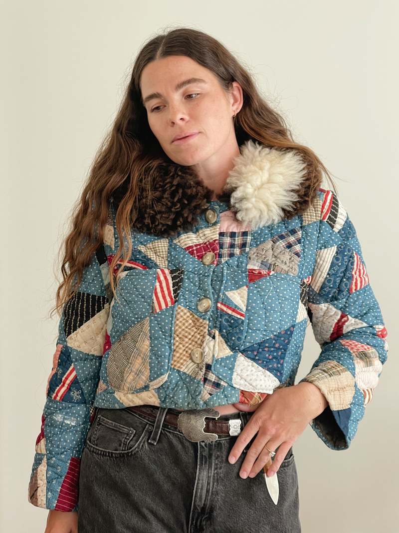 The Ludlow Shop Sheepskin Indigo Dot Quilt Jacket - Indigo Calico